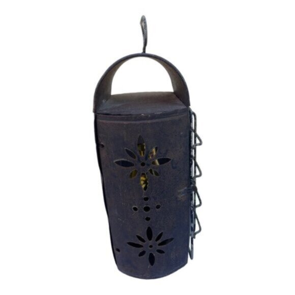 Punched Tin Metal Rustic Lantern with Mini Oil Lamp & Hanger Hinged Door - Picture 6 of 12
